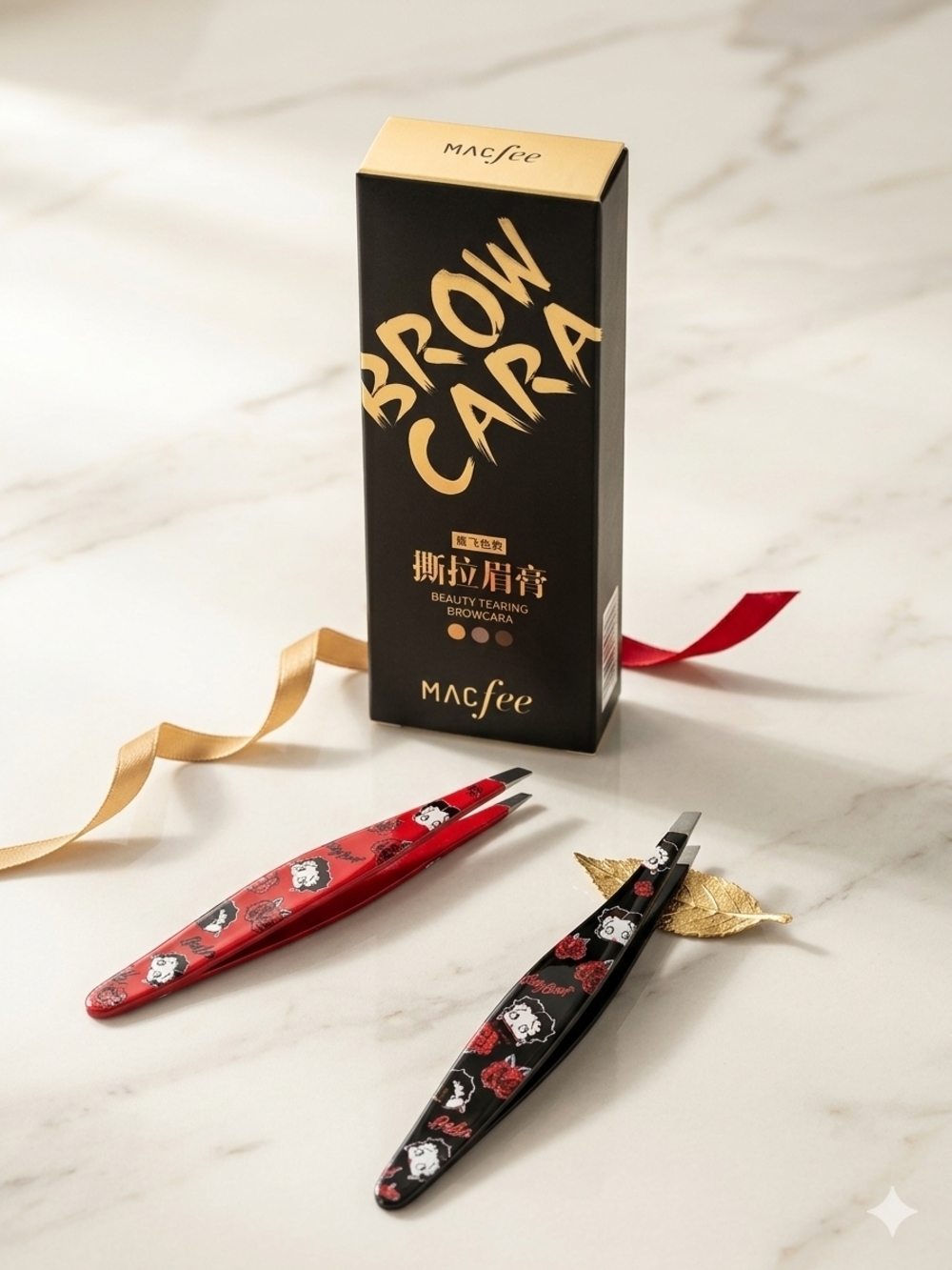 Macfee Browcara Peel-Off Eyebrow Tint & Betty Boop Tweezer Set NIB